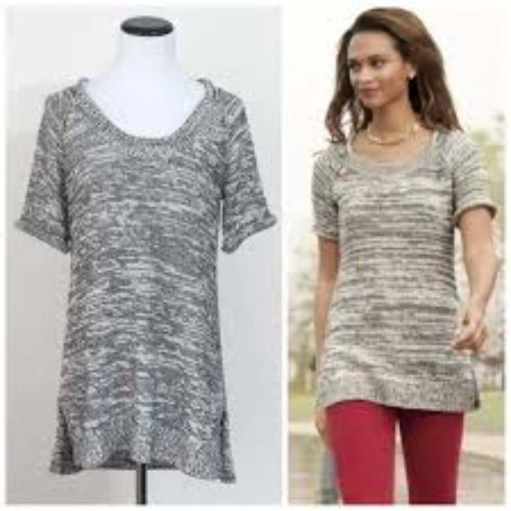Cabi 973 Marled Pullover Short Sleeve Sweater Charcoal White Light Gray sz L EUC